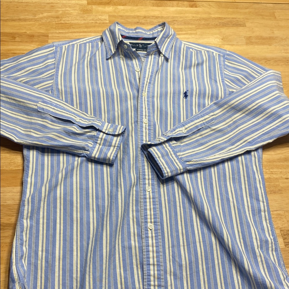 Ralph Lauren Mens Button Down Blue and Yellow Striped Shirt Size M 100% Cotton